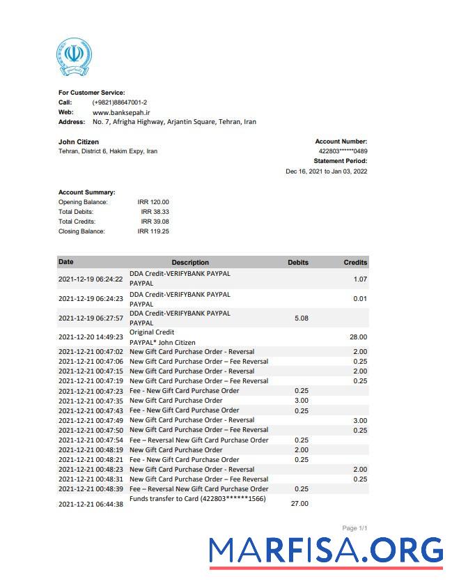 Downloadable Iran Bank Sepah bank statement excel template